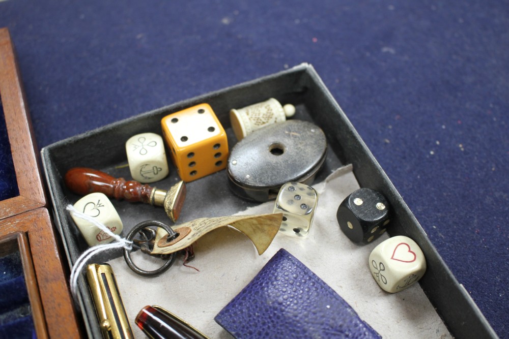 A wooden cased technical drawing set, signed Elliott, four pens, a desk seal and sundries